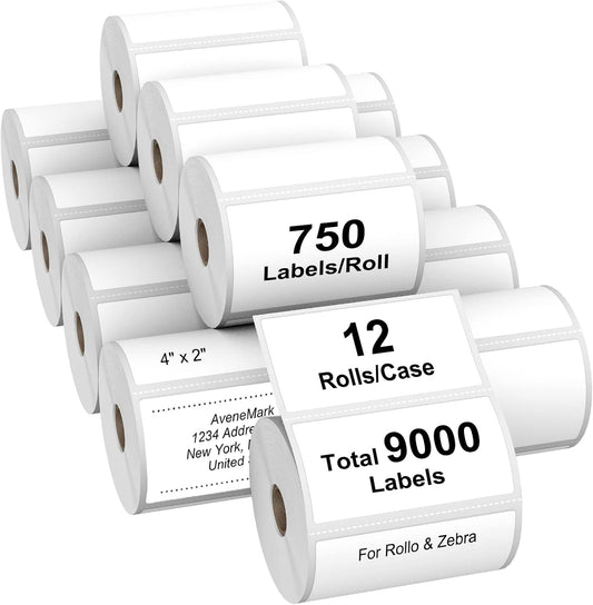 AveneMark 12 Rolls 4" x 2" Direct Thermal Labels for Barcodes Postage Address Shipping Labels Compatible with Rollo & Zebra Desktop Printers Adhesive - 750 Labels/Roll