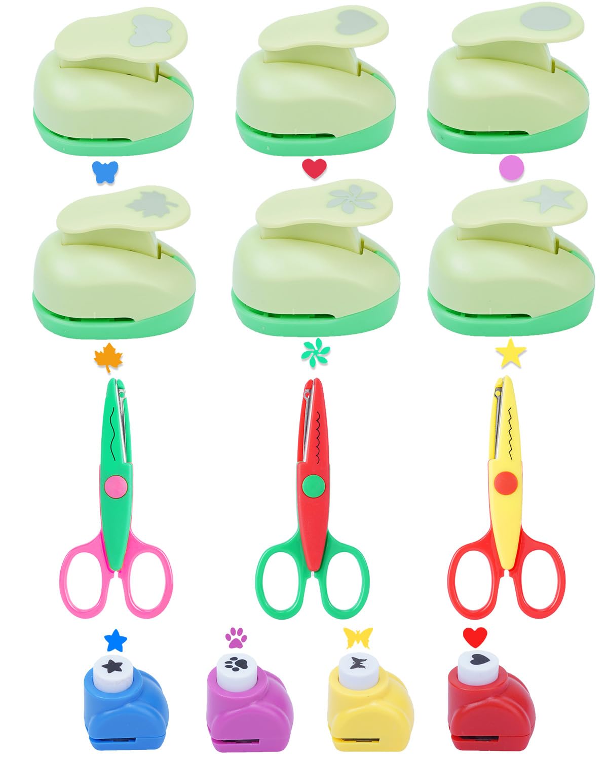 UCEC Paper Punches for Crafting, 3 Pcs Craft Scissors Decorative Edge, 6 Pcs 1 Inch Paper Puncher, 4 Pcs 3/8 inch Hole Punch, Circle Heart Star Shapes Puncher Scissors Sets