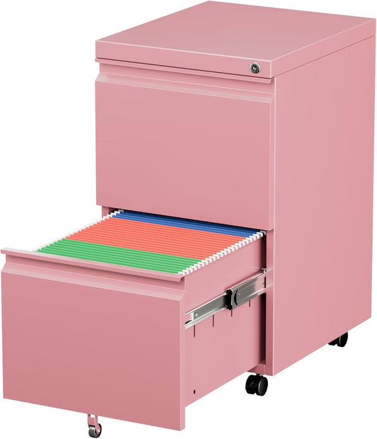Aobabo 2 Drawer File Cabinet with Wheels, Lockable Metal Filing Cabinet for Home Office, Legal/Letter Size, Fully Assembled Except Wheels, Pink