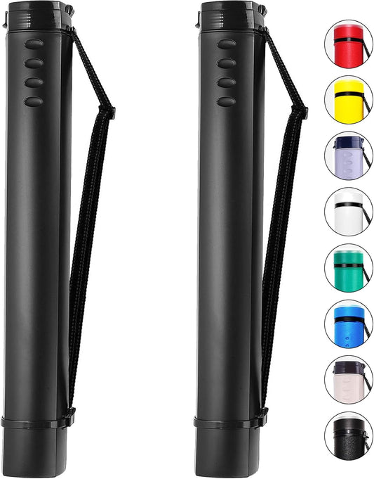 2-Pack Extendable Poster Tubes Expand from 24.5” to 40” with Shoulder Strap | Carry Documents, Blueprints, Drawings and Art | Black Portable Durable Round Storage Cases with Lids and Labels