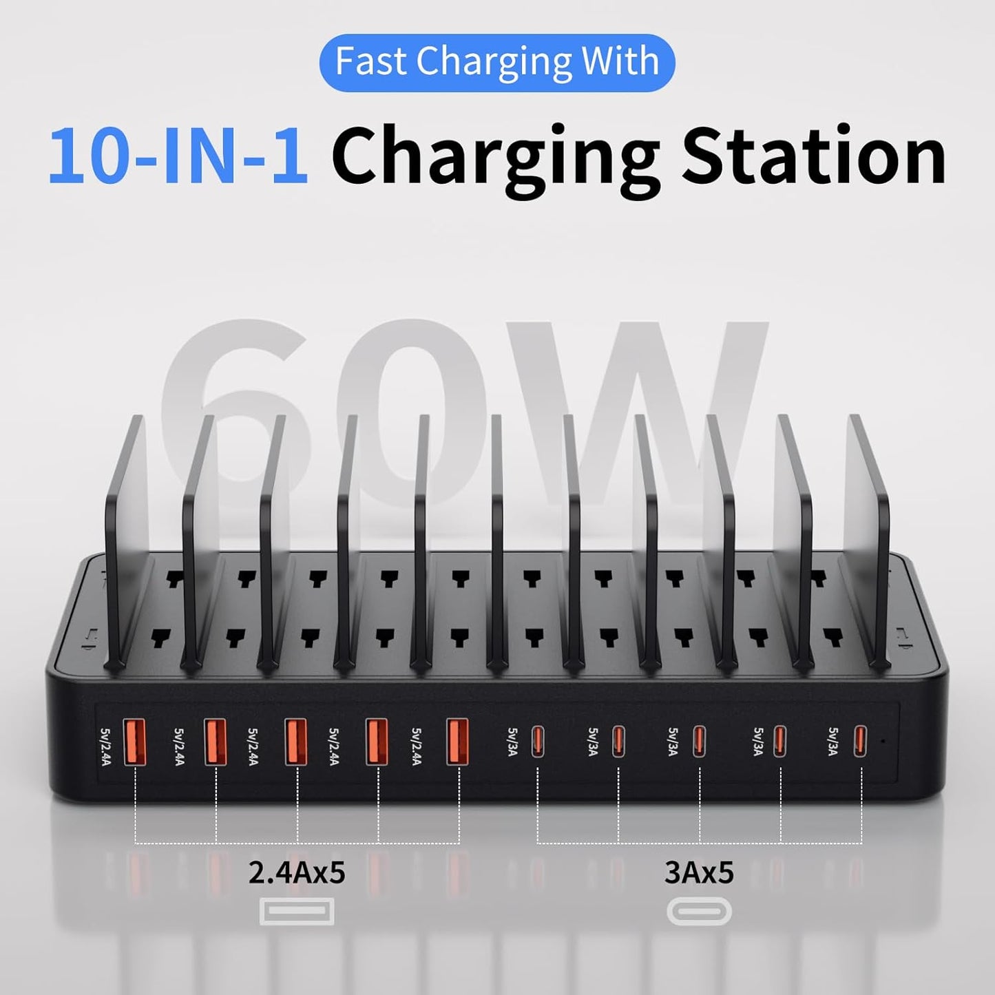 60W Charging Station for Multiple Devices, 10-Port USB Fast Charging Station with Adjustable Dividers - Device Organizer Charging Dock for iPhone, Android, iPad, Tablets & More
