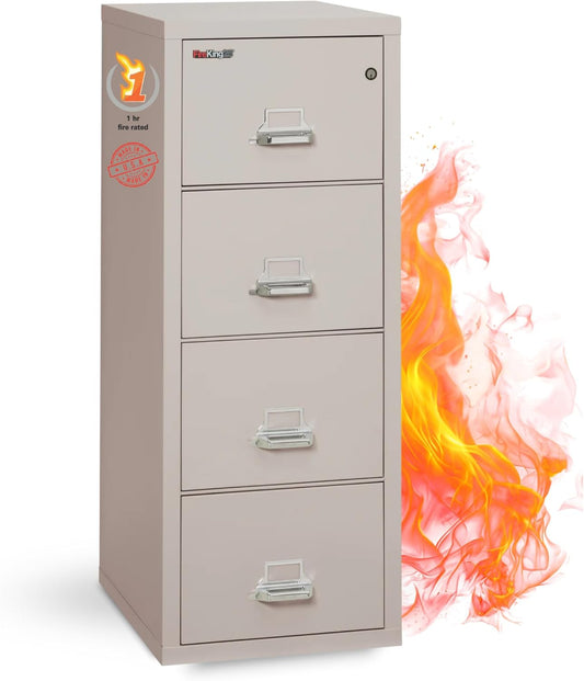 Fireking Fireproof Vertical File Cabinet (4 Letter Sized Drawers, Impact Resistant, Water Resistant), 52.25" H x 17.75" W x 25.06" D, Platinum