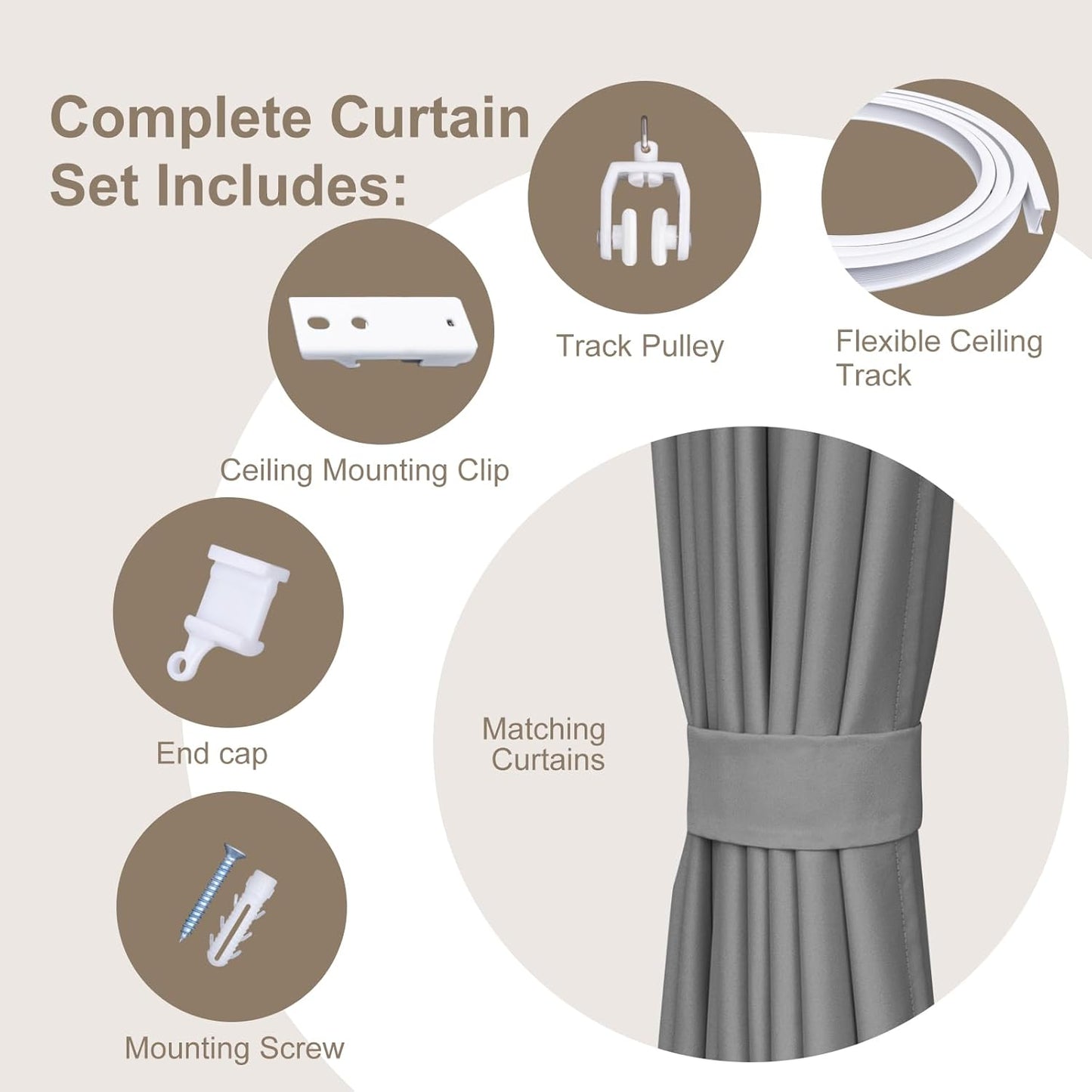 Room Divider Curtains & Flexible Bendable Tracks Set,Privacy Dividers Ceiling Track Curtain Window Blackout Curtains for Living Room Bedroom (W100 × H84 in 1 Panel Grey Drape & White Rail)