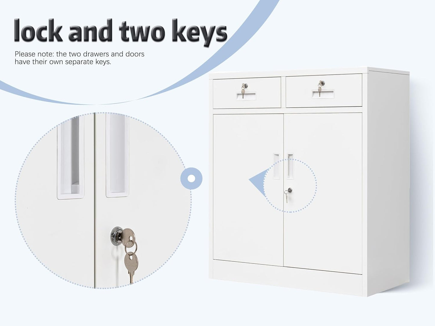 BESFUR Metal Storage Cabinet with Locking Doors and 2 Drawers, 36” Garage Cabinet for Classroom, Home and Office - White