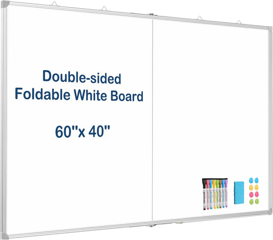 WALGLASS Large White Board Dry Erase Board, 60" x 40" Double-Sided Foldable Dry Erase Board for Wall, Magnetic Whiteboard for Office, Home, School, Kitchen