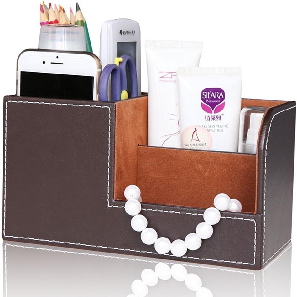 KINGFOM 3PCS/SET Desk Organizer Sets Leatherette Office Accessories Supplies Including Tissue Holder,Pencil Holder and Business Name Cards Stand Brown