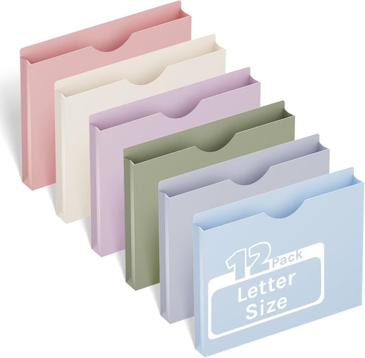 ANSOOK 1 Inch Plastic File Jackets, Manila File Folders Letter Size, 12 Heavy Duty Expanding File Folders, Expansion Pocket, Reinforced Straight Cut Tab, Morandi Color Folders for Office School Home