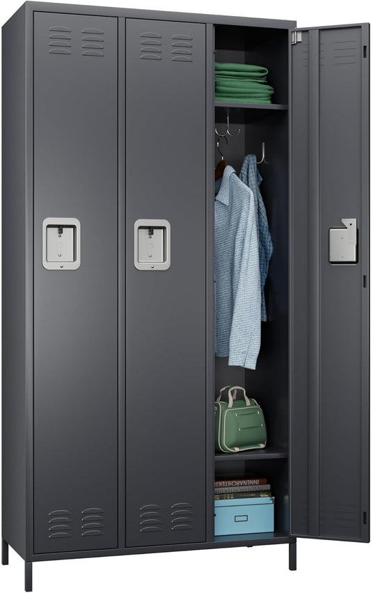 Metal Storage Locker with 3 Doors,Metal Locker for Employees with 9 Hooks for School Garage Office Gym Home,Assembly Required,Dark Grey