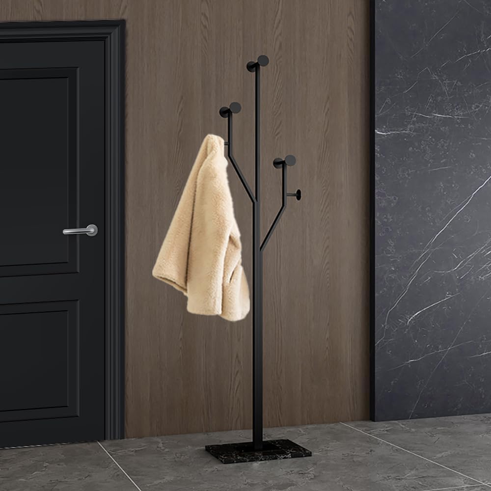 Freestanding Coat Rack Tree-shaped Metal Coat Tree with Heavy Duty Marble Base Corner Clothing Rack for Bedroom Entryway Hallway 14.96 x 10.24 x 68.9 Inches (Black)