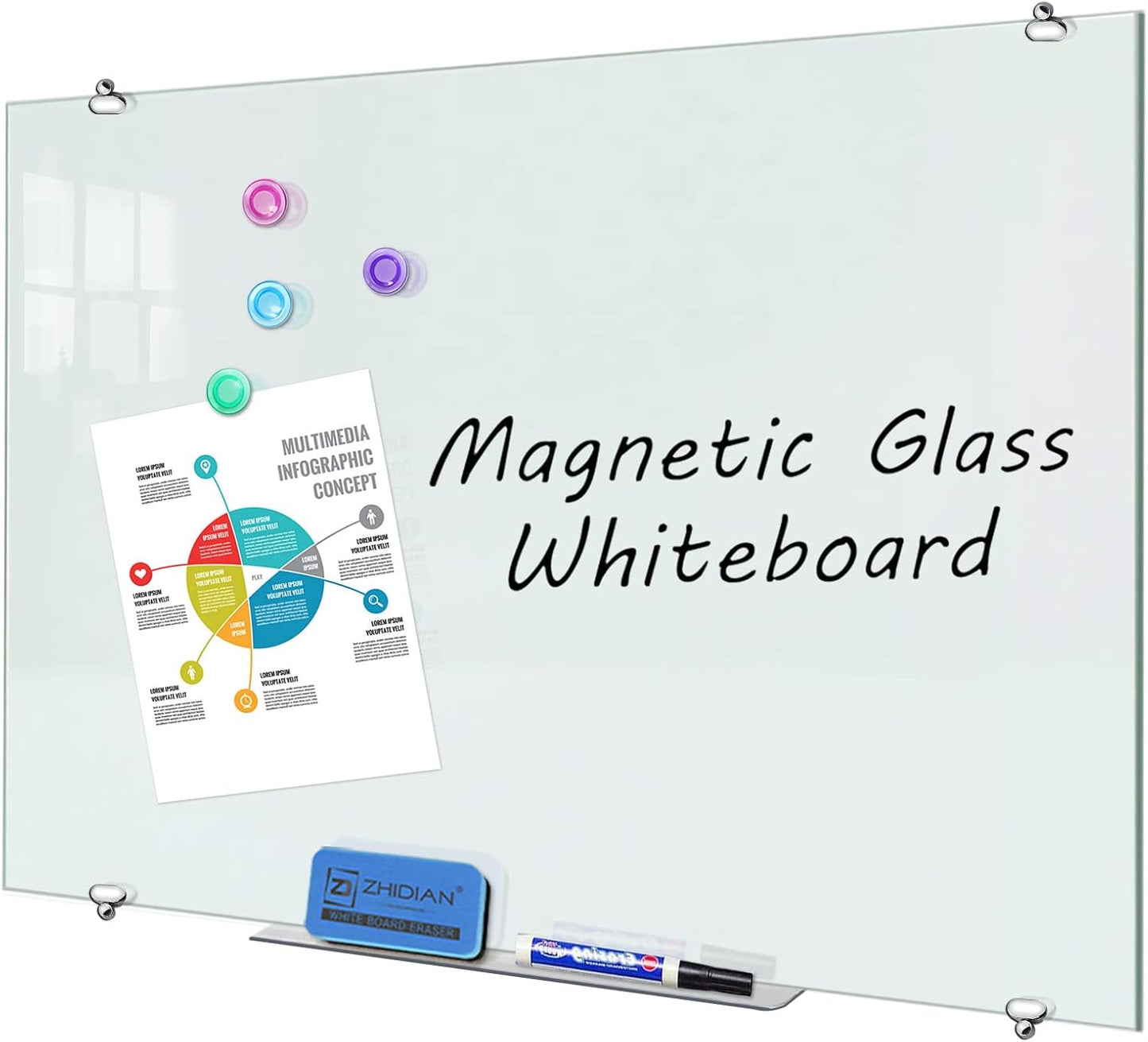 Magnetic Glass Whiteboard - Glass Dry Erase Board 48"x30" Large Frameless Tempered Glass Board for Walls Office School and Home