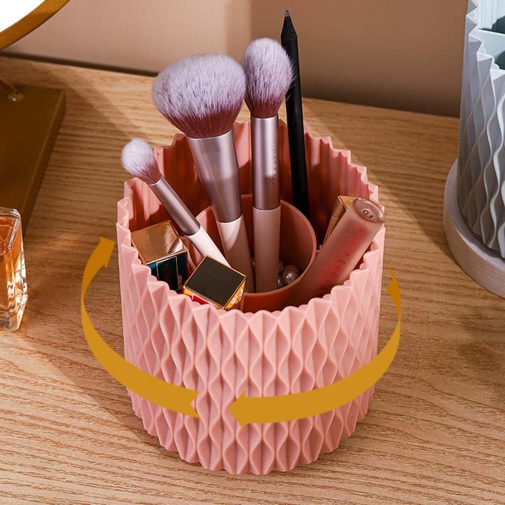 OWLFAVO Rotate Desk Organizer, Spinning Makeup Brush Holder, Pen Holder Stationery, 360-Degree Pencil Accessories Storage Caddy Tray for Beauty, College, Home, Office, 5 Compartments, Pink