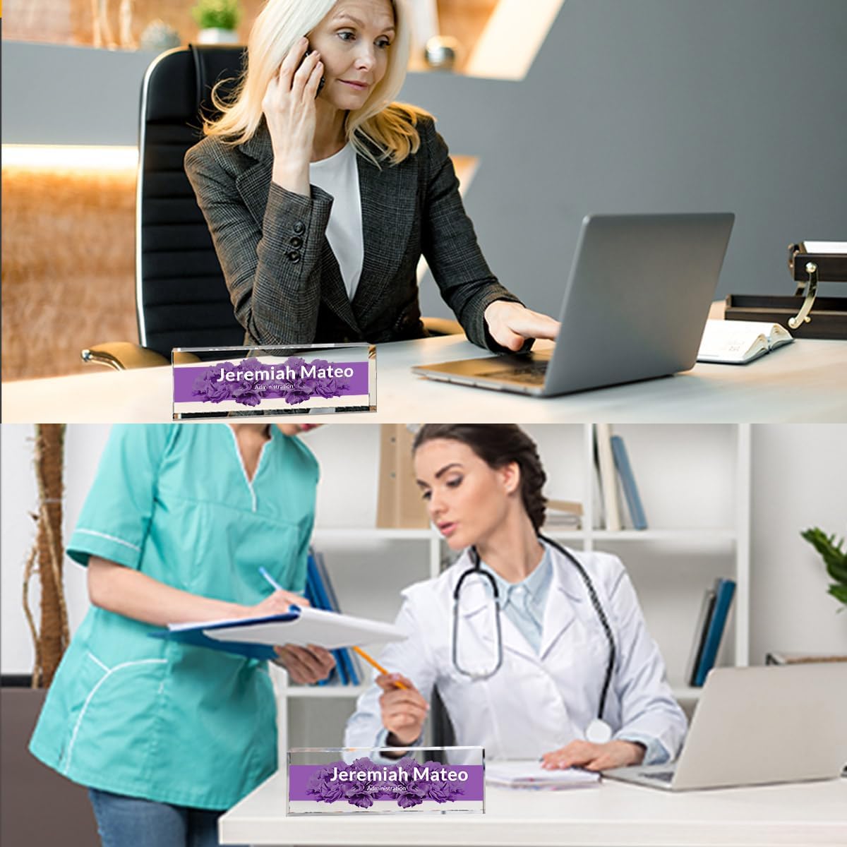 Desk Name Plate Personalized | Office Desk Accessory | Produced in USA | Purple Blossom