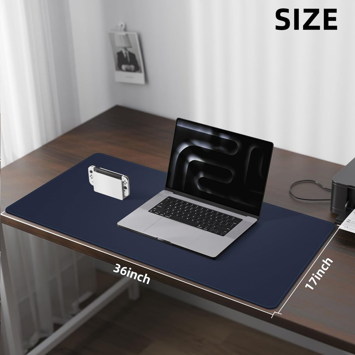 Large Desk Mouse Pad Protector, Stitched Locking Edge Non-Slip PU Leather Desk Mat Laptop Table Pad Blotter, Waterproof Durable Writing Pad for Office and Home (Dark Blue, 90 x 43cm)