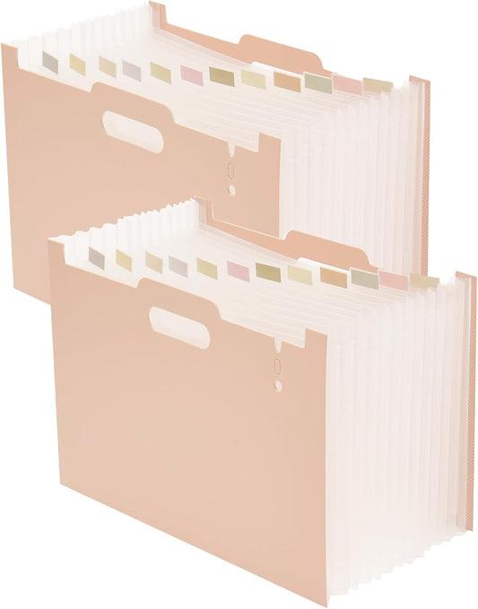 2-Piece Accordion Folder Manager, 12 Grid Expansion Pages, Portable Monthly Bill and Receipt Manager That Opens Upright, Colored Labels, School, Home, and Office letterhead/A4 Size, Pink