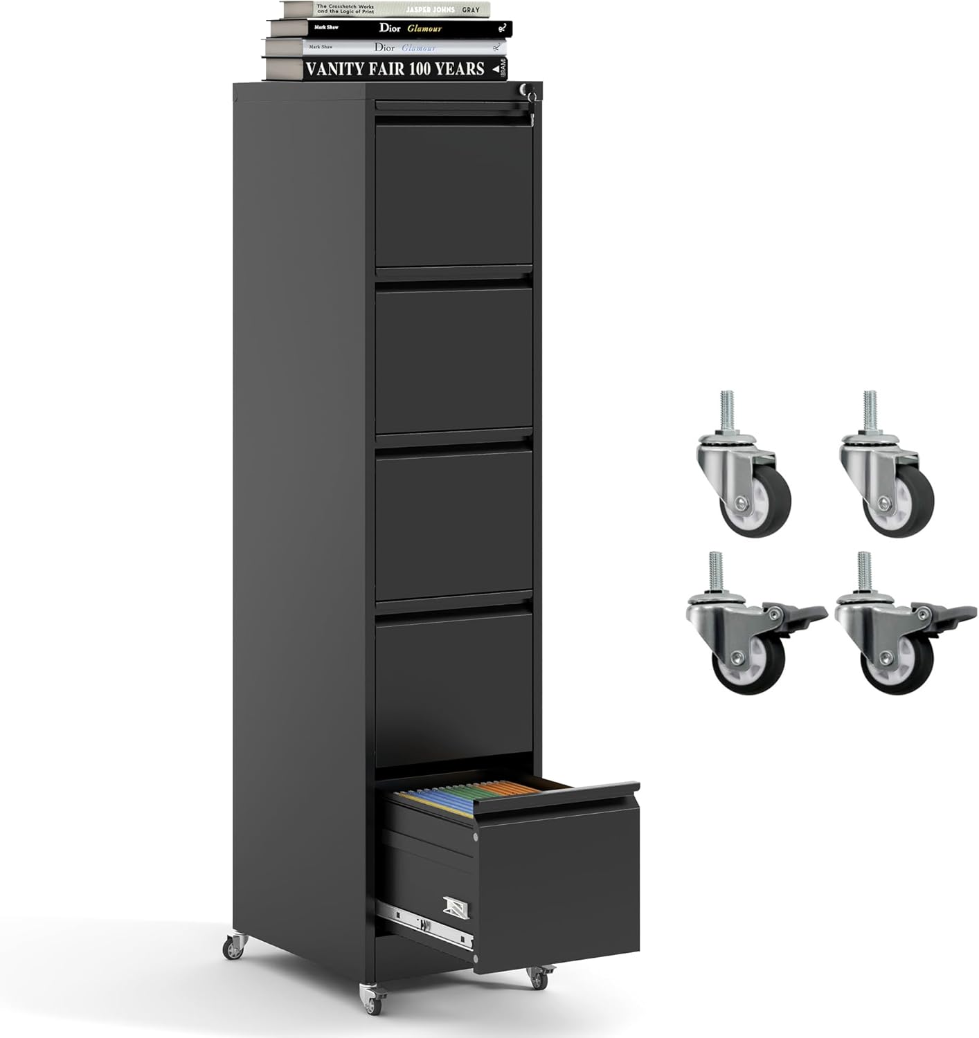 5 Drawer Mobile File Cabinet, Metal Filing Cabinet with Lock and Wheels, Home Office Rolling File Cabinets for Legal/Letter Hanging File Folders, Un-Assembled (Black)