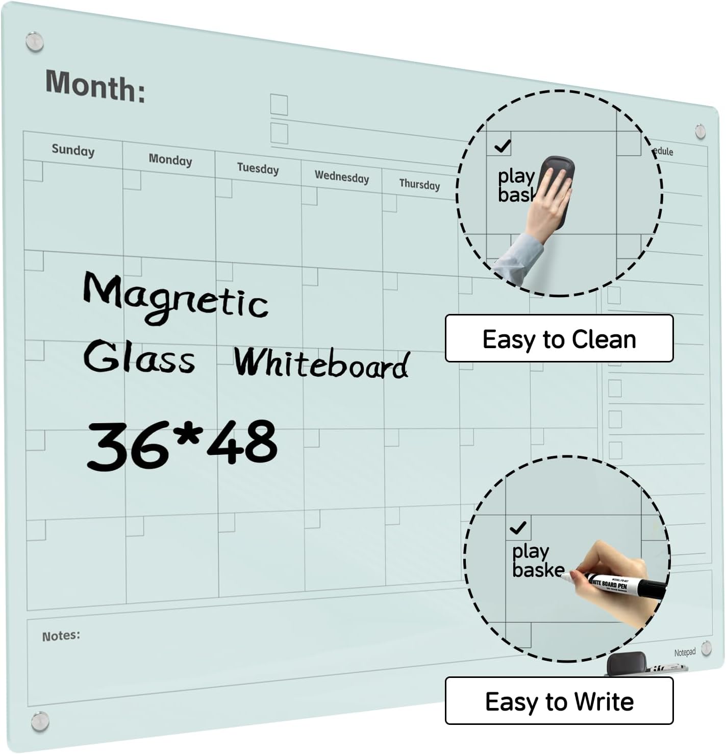 Magnetic Glass Dry Erase Board Calendar- White Board 48 x 36 Inch Wall Mounted Monthly Whiteboard, Large Frameless Glass White Board for Wall Office, Home & School