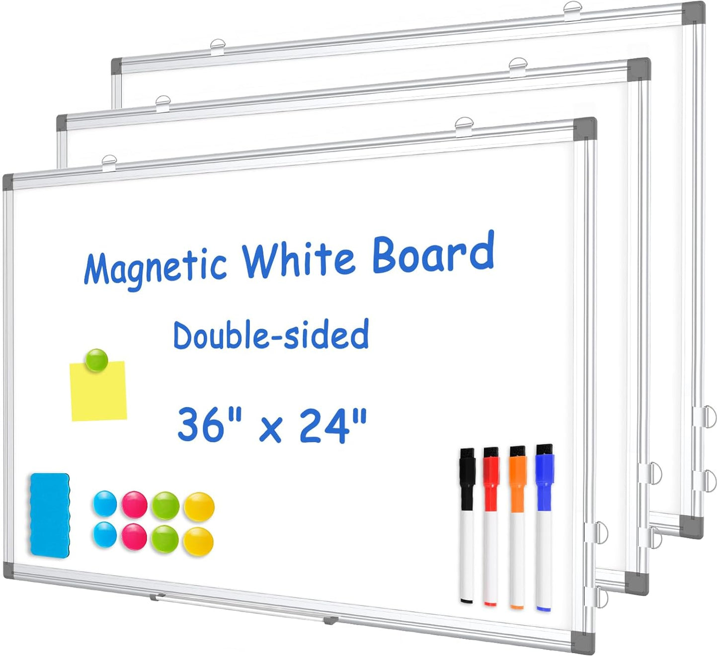 WALGLASS 3 Pack White Board, 36" x 24" Double-Sided Dry Erase White Board for Wall, Hanging Mounted Whiteboard, Horizontal or Vertical Silver Aluminium Frame for Home, School, Office, Kitchen