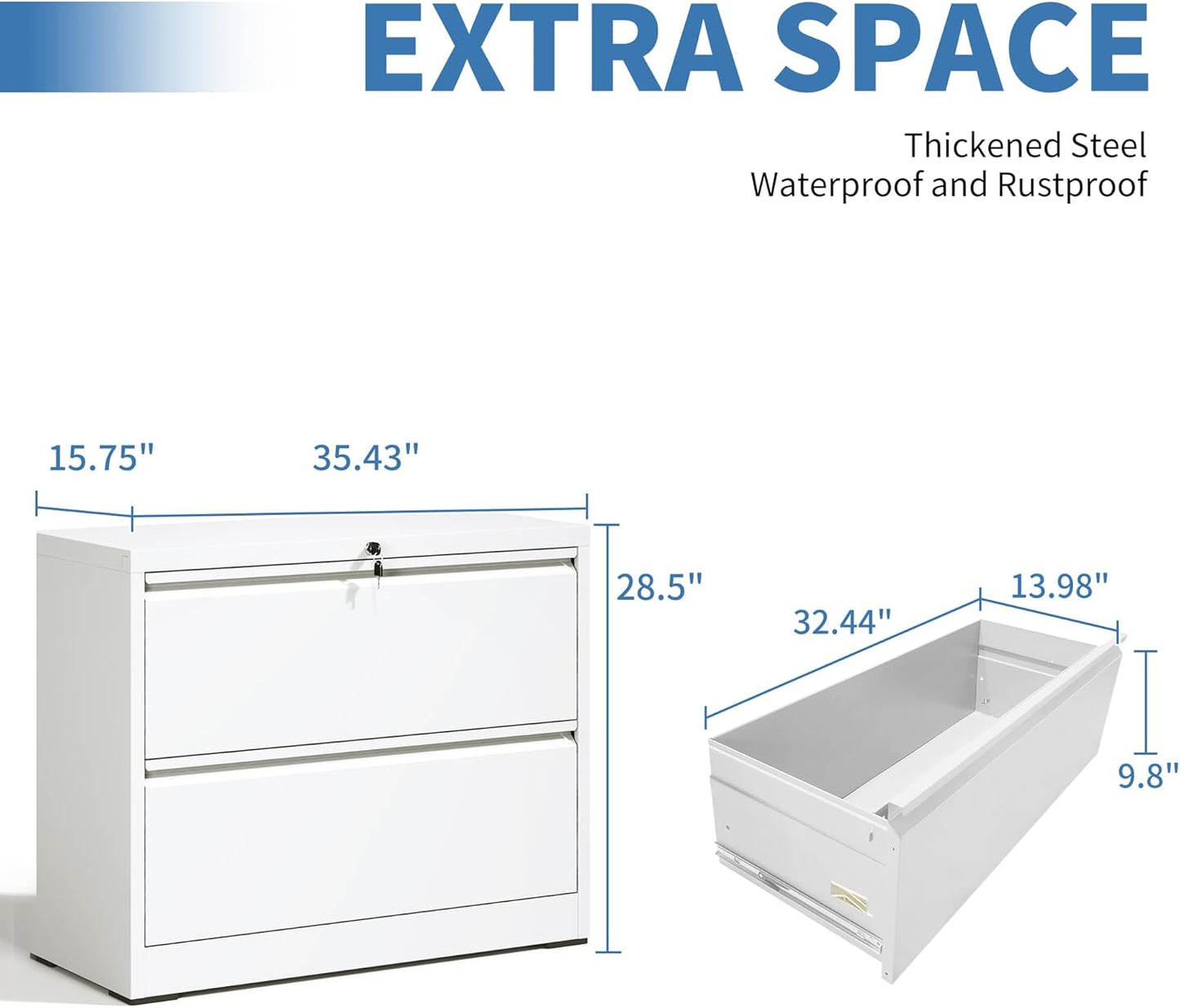 File Cabinets 2 Drawer, Metal Office Storage Filing Cabinet with Lock, White Lateral Filing Cabinet for Home Office,Horizontal Two Drawer File Cabinets for Legal/Letter,Assembly Require,White