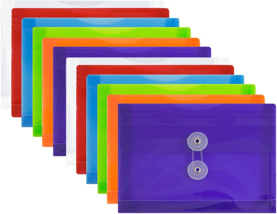 JAM PAPER Plastic Envelopes with Button & String Tie Closure - Index Size - 5 1/2 x 7 1/2 - Assorted Colors - 12/Pack