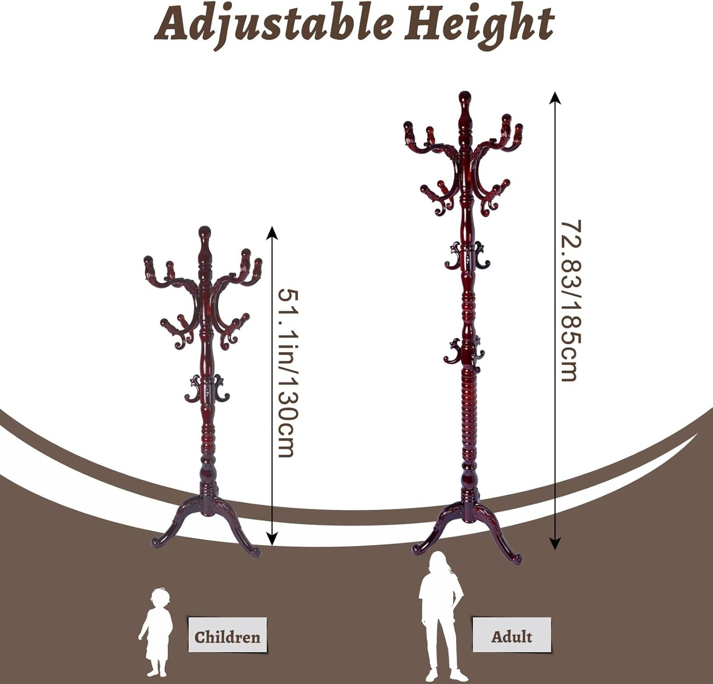 Wooden Coat Rack Freestanding with Resin Hooks, Adjustable Heavy Duty Stand for Hanging Coats, Bags, Hats, and Umbrellas in Living Room, Bedroom, Entryway (Tripod-Rosewood color)