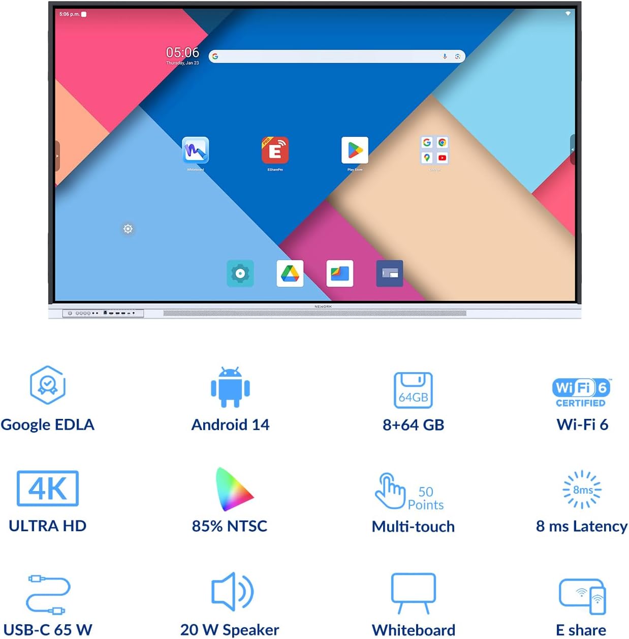 75 Inch 4K Smart Board - Google EDLA-Certified Interactive Whiteboard, Android 14, 50-Point Touch, Wireless Casting - Digital Whiteboard for Classrooms & Hybrid Offices (Board Only)