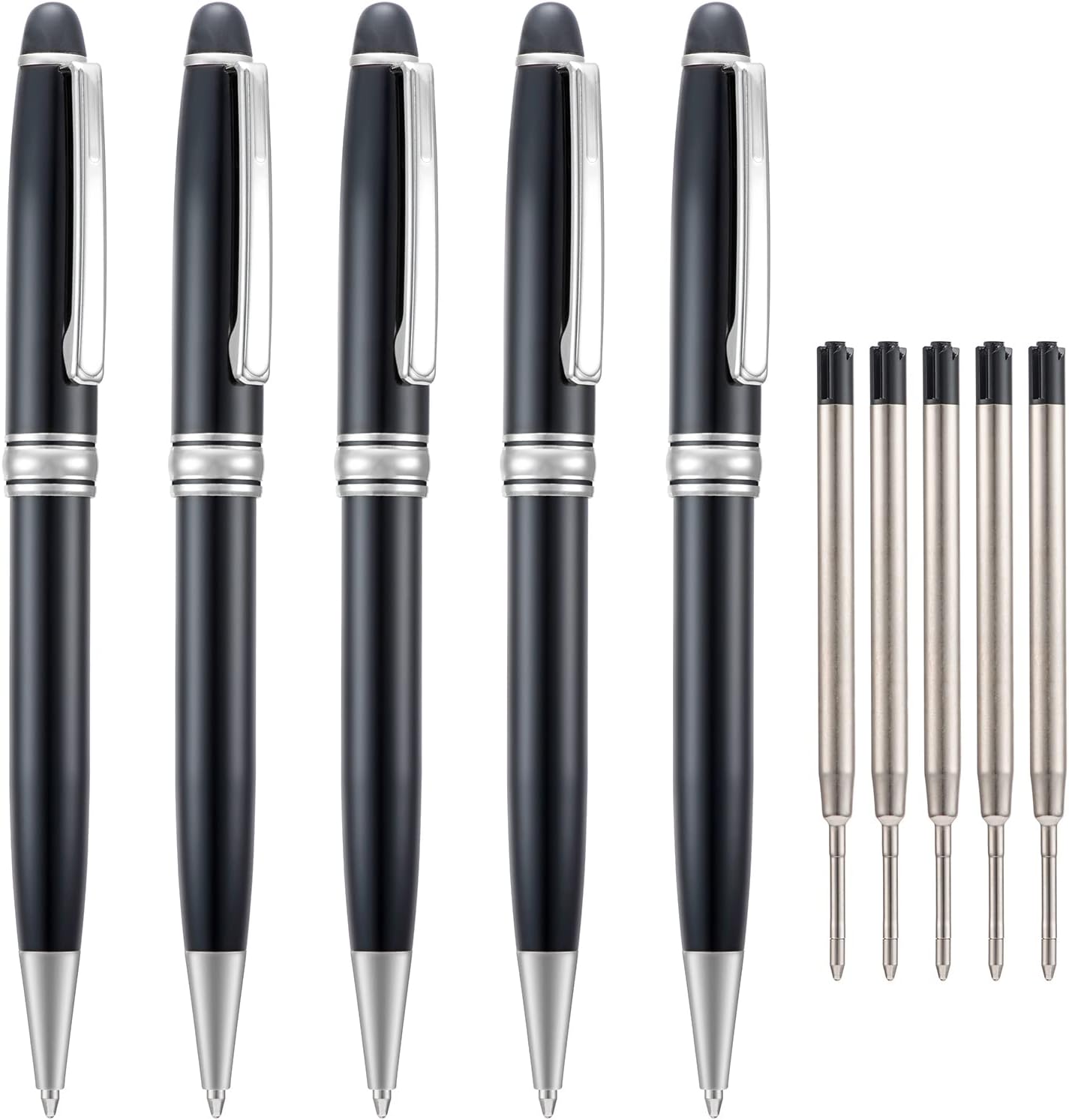 5 PCS Black Ballpoint Pens with Extra Refills Set, 1mm Medium Point Black Ink, Great Smooth Writing Metal Pen for Business Office Teacher Student Wedding Guest Gift (SilverTrim)