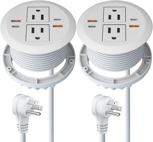 2pcs Desktop Power Grommet,Dual PD20W USB C,40W Total Output,4 USB Ports,Flush Mounted for 3-1/8" Desk Grommet Holes,Round Recessed Outlet,ETL-Certified,Flat Plug,6.4 ft,White