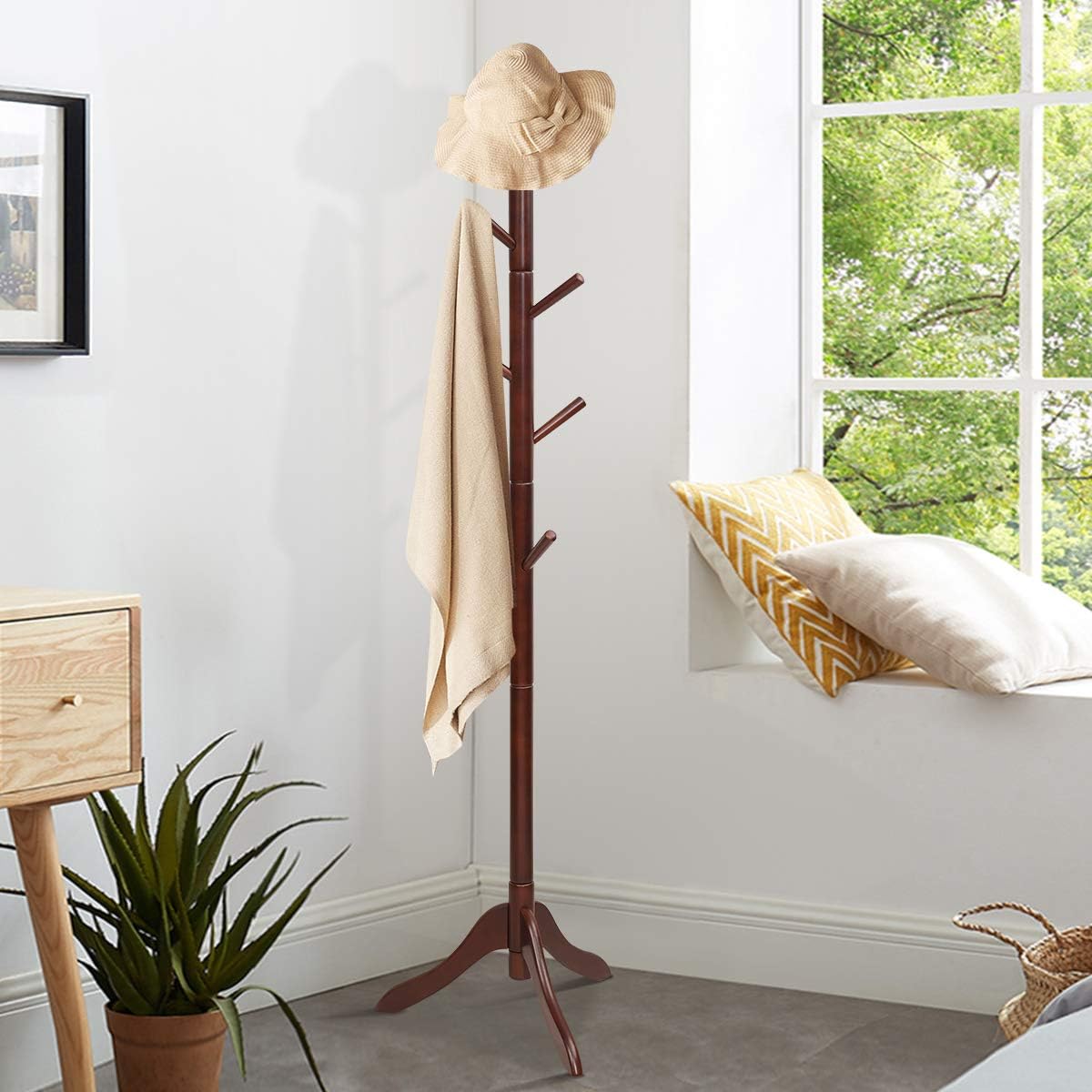 Tangkula Wooden Tree Coat Rack Freestanding, Entryway Coat Stand with 8 Hooks, Height Adjustable Coat Tree, Rubber Wood Coat Hanger Stand for Home Office Hall Entryway