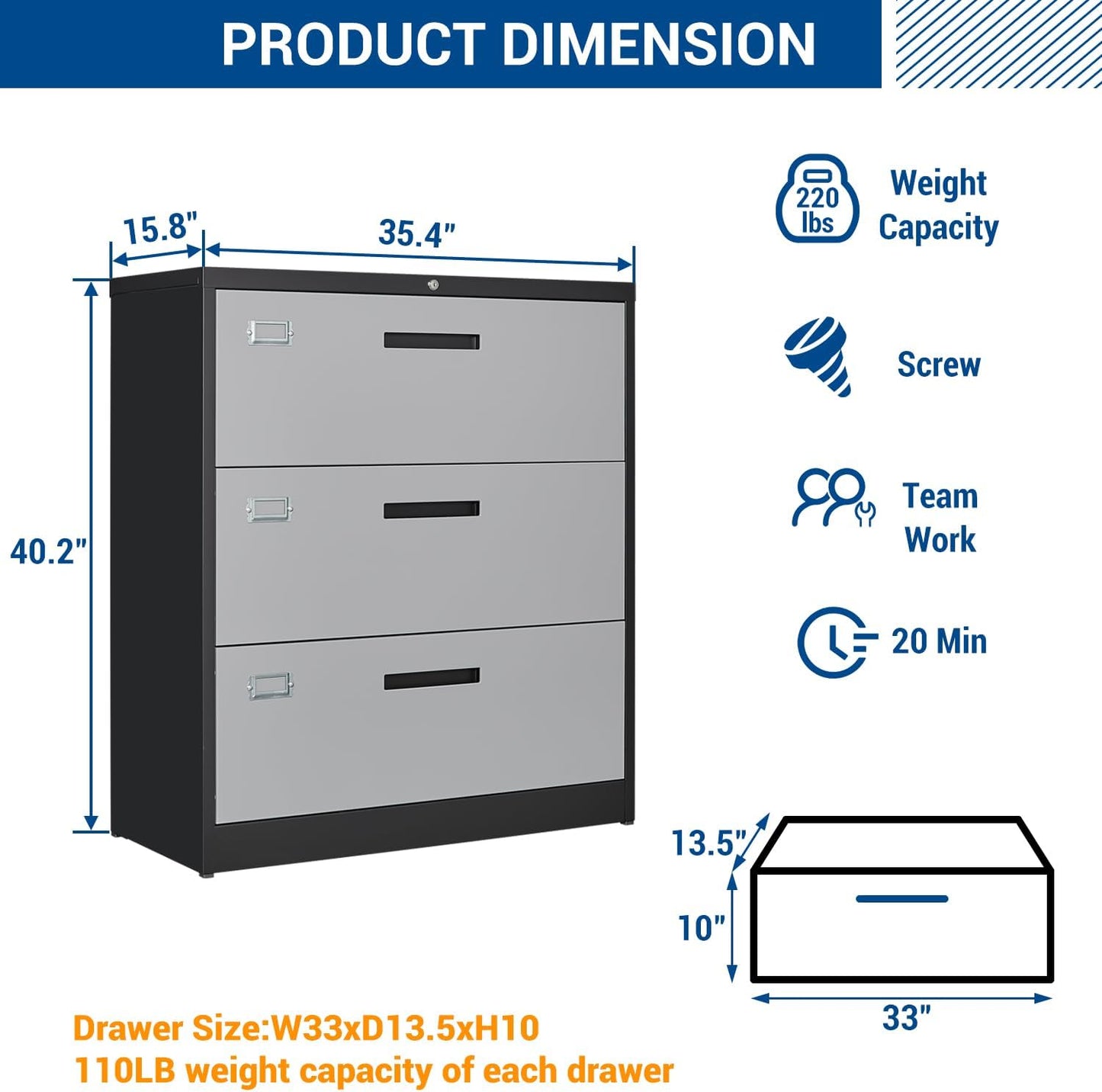 3 Drawer Lateral File Cabinet with Lock, Metal Steel Filling Cabinets for Home Office, Gray Lockable Storage Cabinet for Hanging Files Letter/Legal/F4/A4 Size-Assembly Required