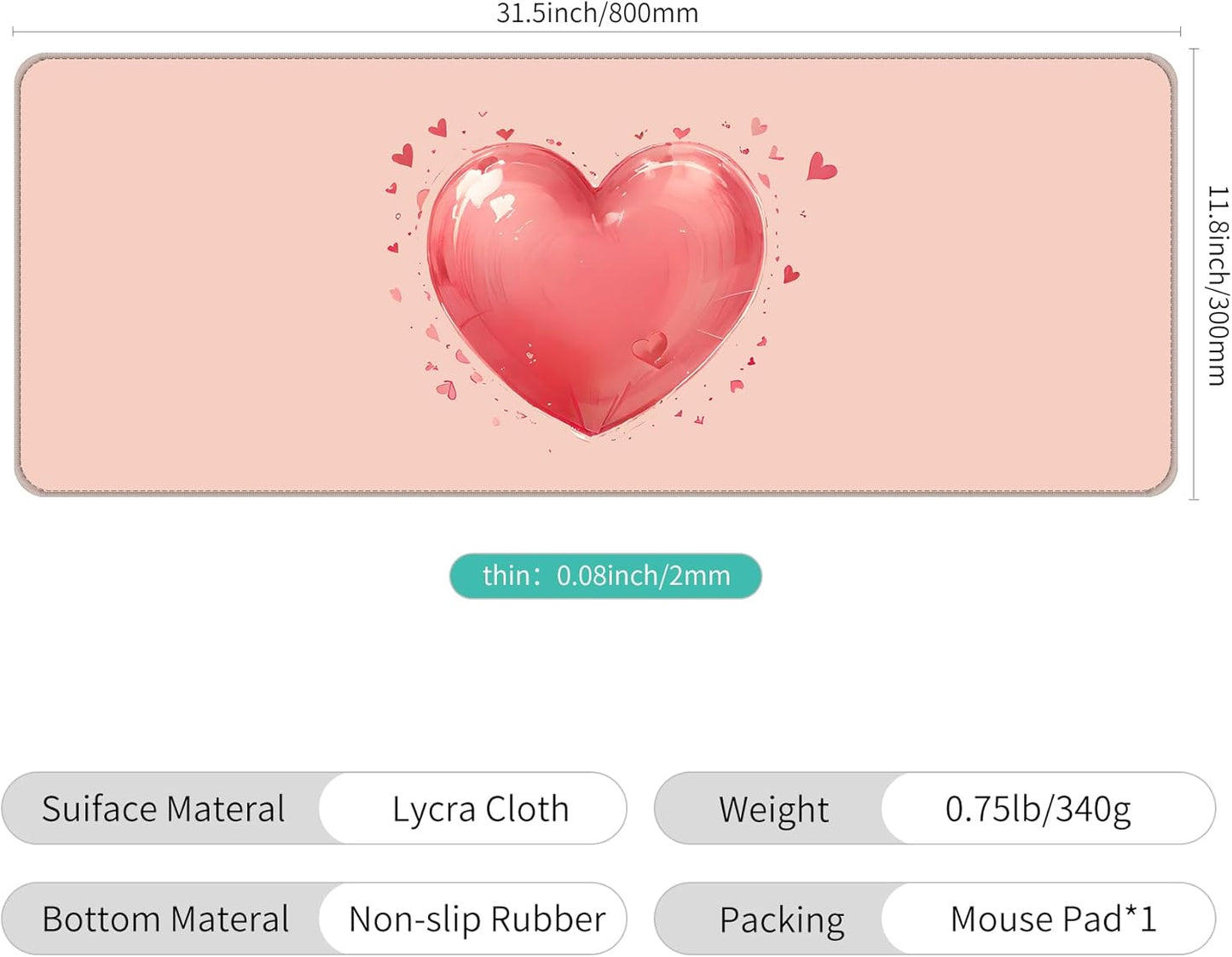 Dynippy Thin Extended Gaming Mouse Pad （31.5 * 11.8 * 0.08 inch） with Stitched Edges Large Mousepad Long XXL Keyboard and Mouse pad Desk Mat for Gaming Office & Home - Love Pattern