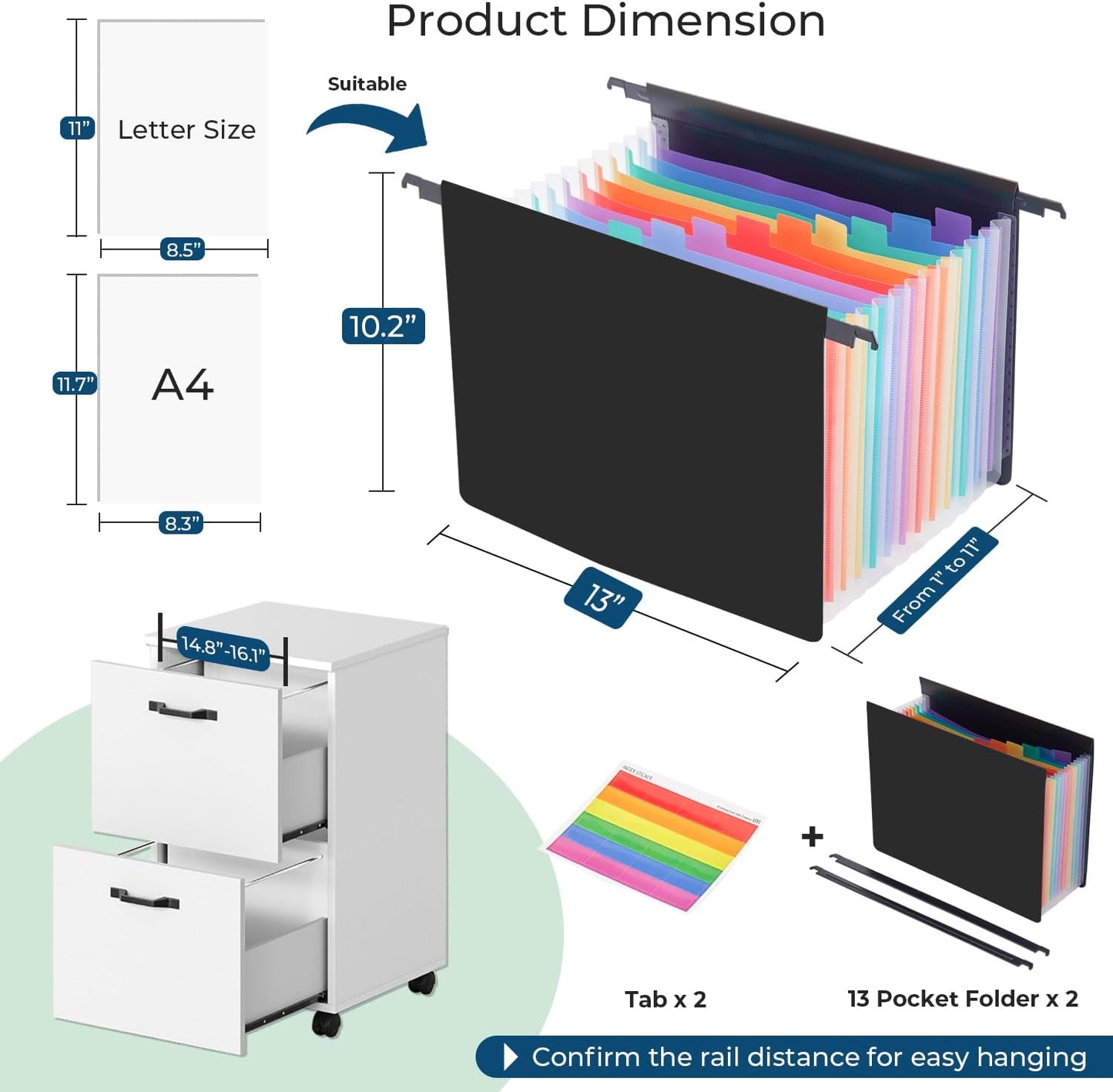 Y YOMA Legal Size - Plastic Expanding Hanging File Folders with 13 Accordion Pockets | Hook Removable Waterproof Extra Capacity for Bulky Files in School Home Office, 2 Pack
