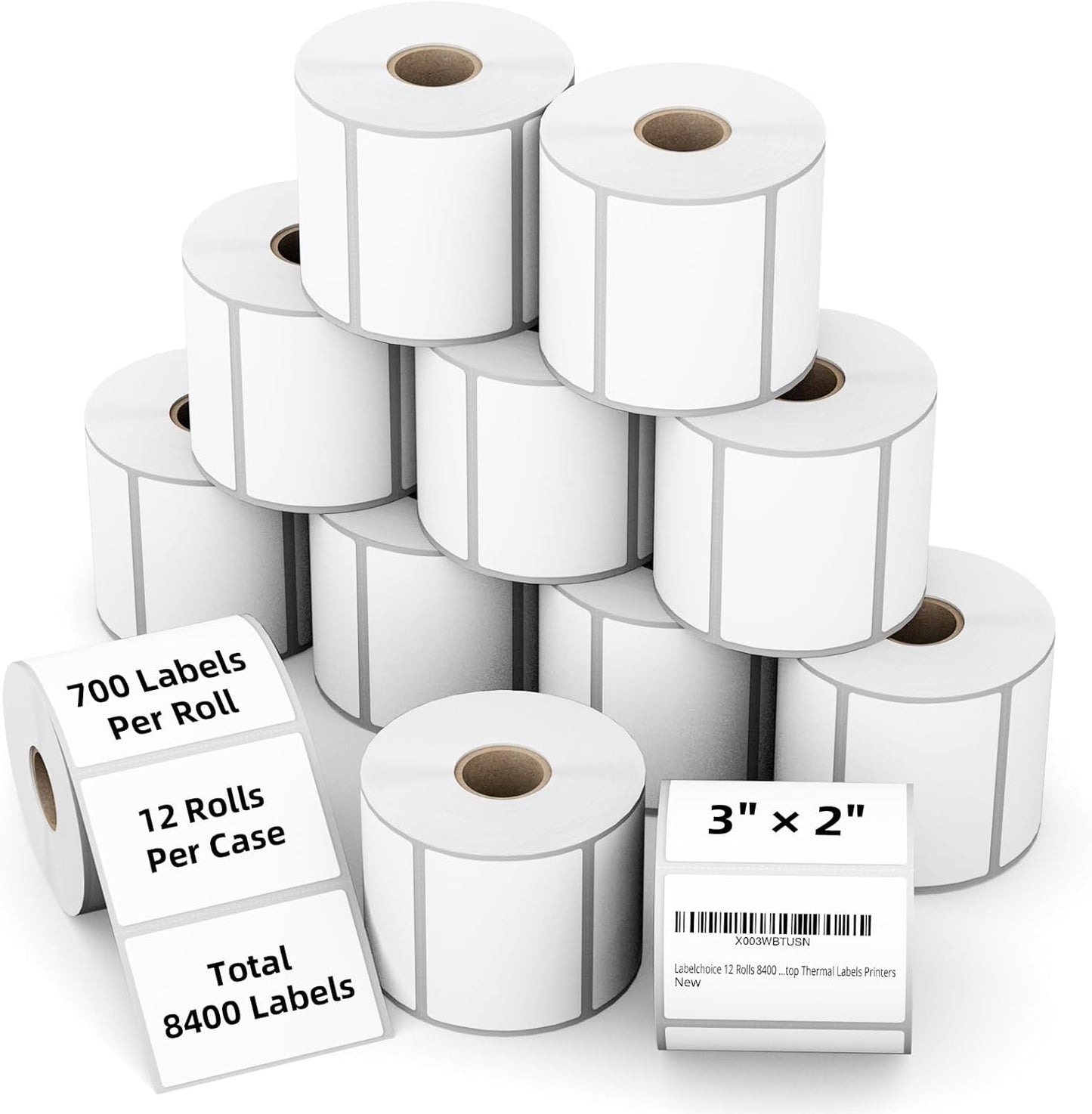 3"x2" Direct Thermal Labels for Zebra LP2844 GK420D ZD421 ZD420 Series, 12 Rolls 8400 Pcs 2x3 Waterproof Strong Adhesive Barcode Return Address Label Used with Rollo MUNBYN Desktop Printer