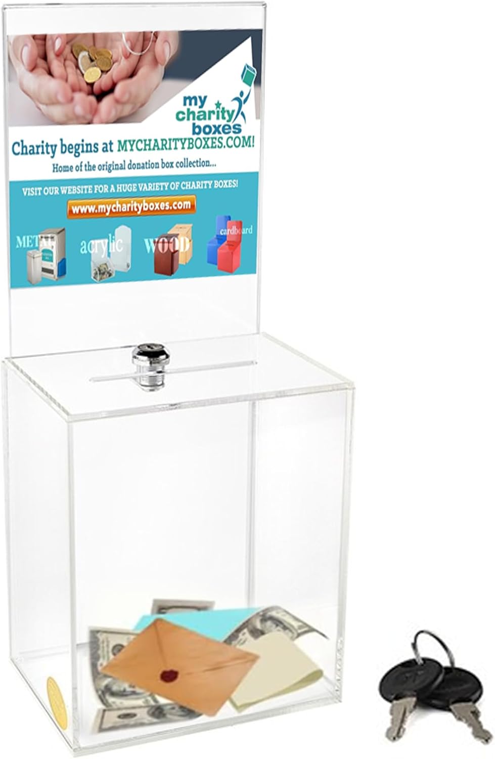 Clear Donation Box for Fundraising with Lock & Display Sign Holder, Raffle Box, Tip Box, Secure Ballot Box and Suggestion Box with Slot, Extra Large Ticket Box Size 16" x 8" x 6"