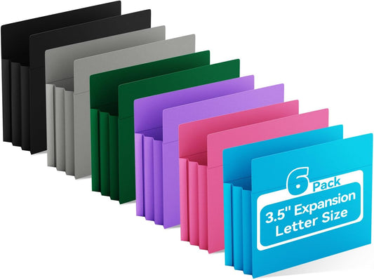 Ansook Plastic 3.5” Expandable File Jackets,6 Pack Large Capacity File Folders,Letter Size File Pockets,Heavy Duty Expanding File Jacket,Straight-Cut Tab for Manila Folder,Assorted Colors File Folders