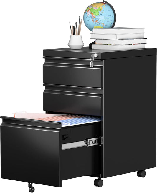 3 Drawer Steel Mobile File Cabinet with Lock for Legal/Letter/A4 Folders, 23.6''H Rolling File Cabinet for Home, Office, Fully Assembled Except Wheels, Black