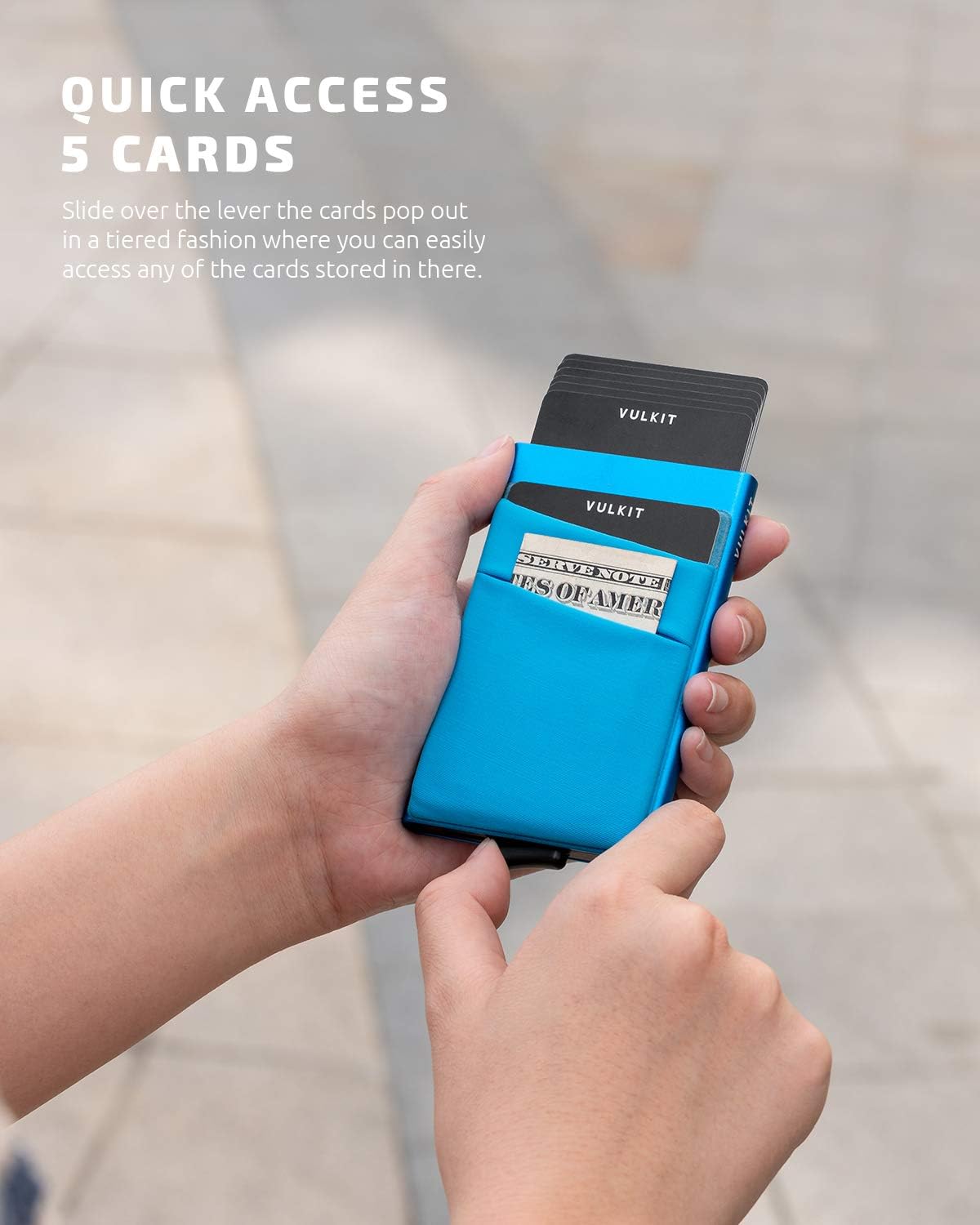 VULKIT Card Holder with Money Pocket Pop Up Wallet RFID Blocking Slim Metal Bank Card Case Holds 5 Cards and Notes