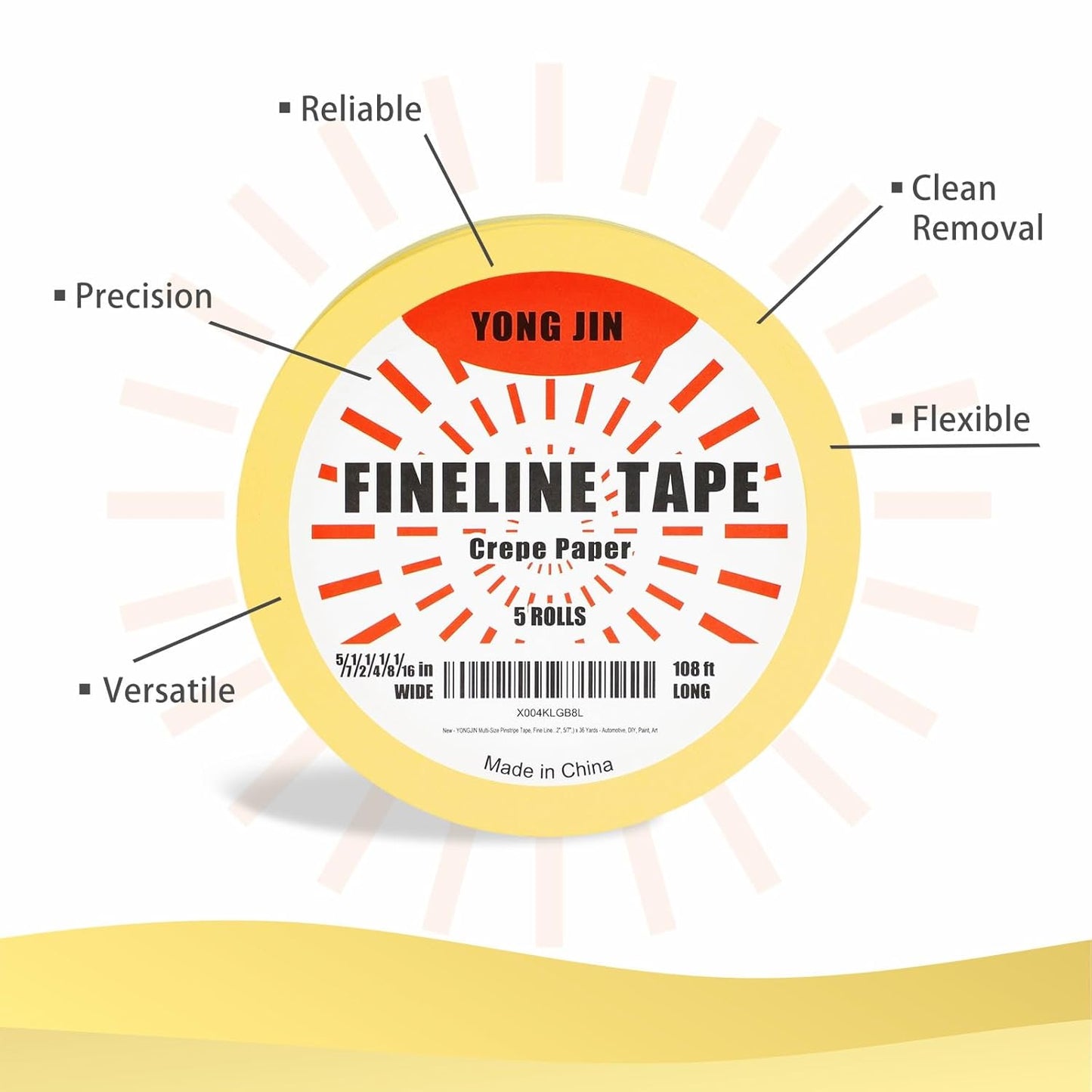 YONGJIN Multi-Size Pinstripe Tape, Fine Line Masking Tape Set for Automotive, DIY, Paint, Art (1/16", 1/8", 1/4", 1/2", 5/7")
