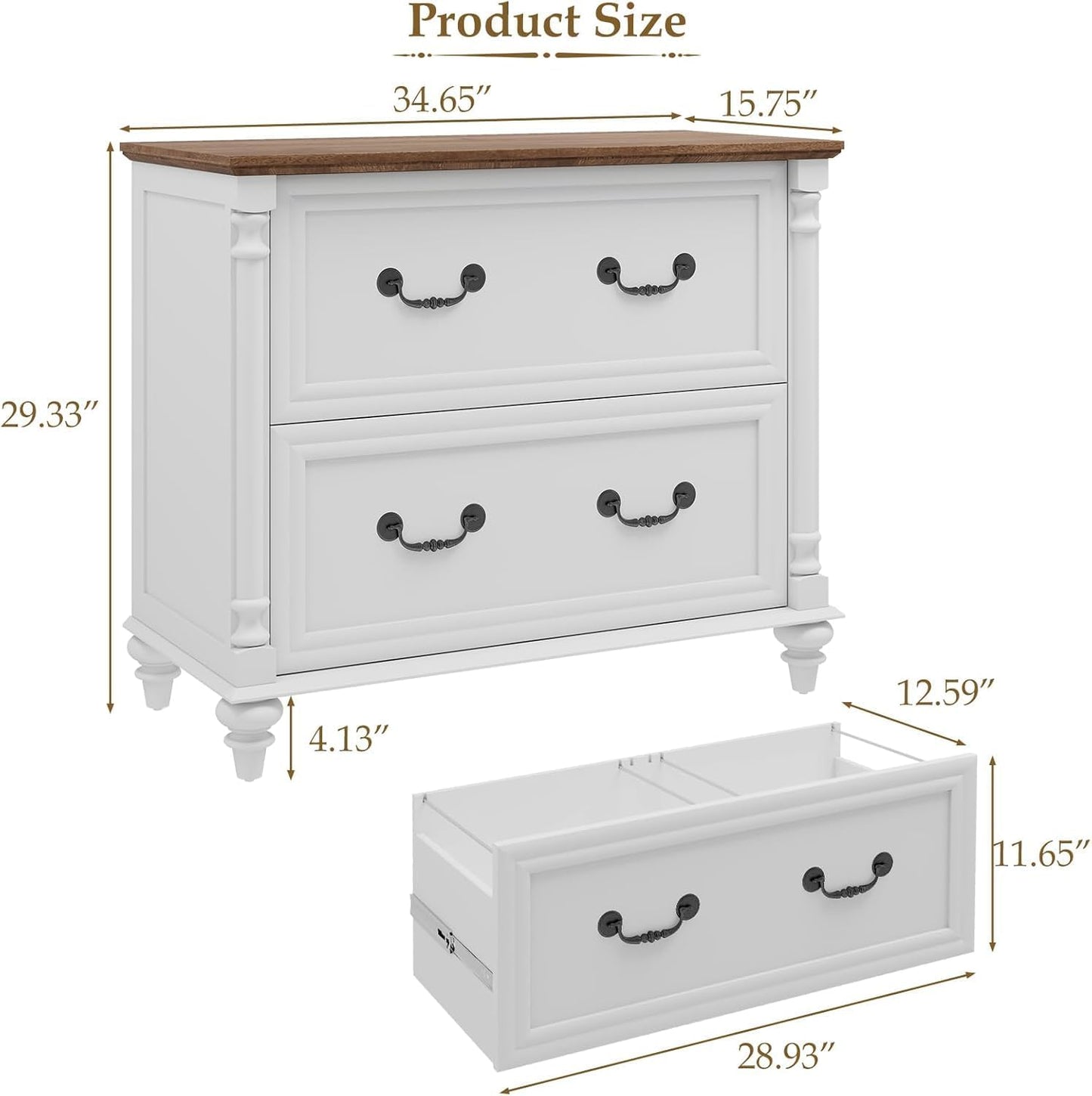 Lateral File Cabinet 2 Drawers Farmhouse File Cabinet Set of 2 for Letter/A4/Legal Size Hanging Files, Large Rustic White Storage Cabinets Printer Stand with 4 Solid Wood Feet &Column Decor for Office