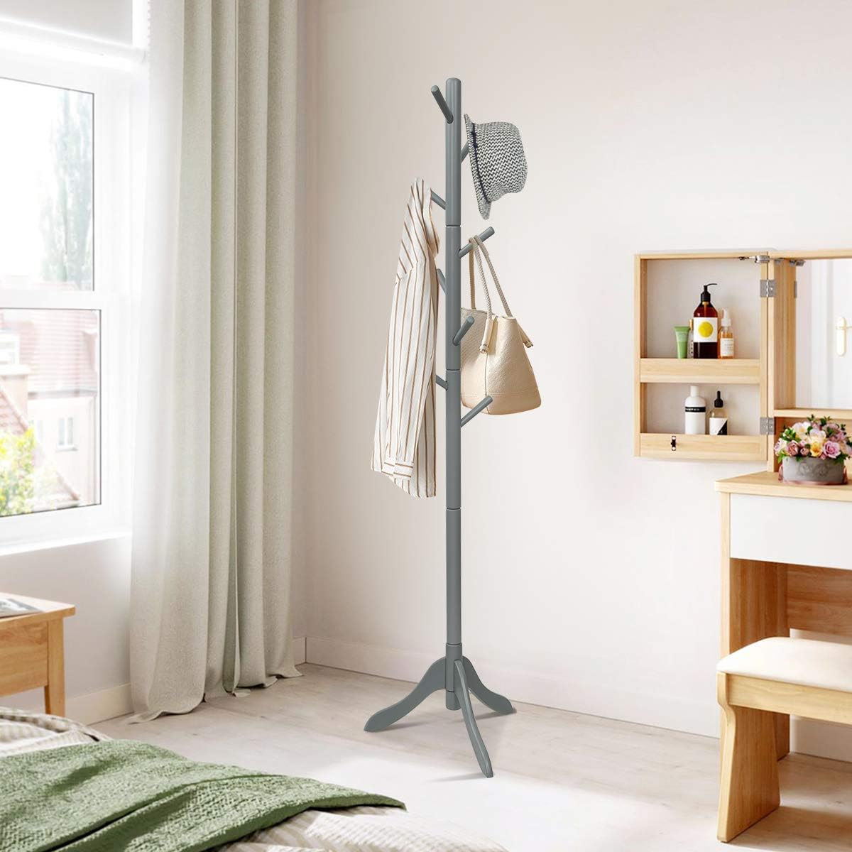 Tangkula Wooden Tree Coat Rack Freestanding, Entryway Coat Stand with 8 Hooks, Height Adjustable Coat Tree, Coat Hanger Stand for Home Office Hall Entryway