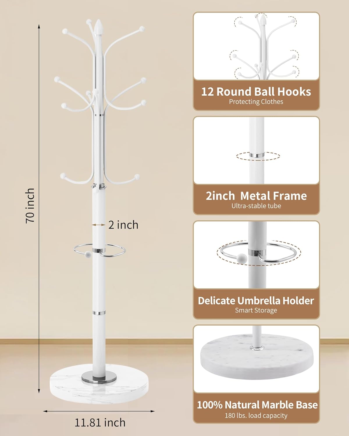 EZIVIEZ Modern Coat Rack Stand, Metal Freestanding Coat Rack with Natural Marble Base, Heavy-Duty Coat Racks with Umbrella Holder,White Coat Hanger Stand with 12 Hooks for Office, Entryway, Hallway