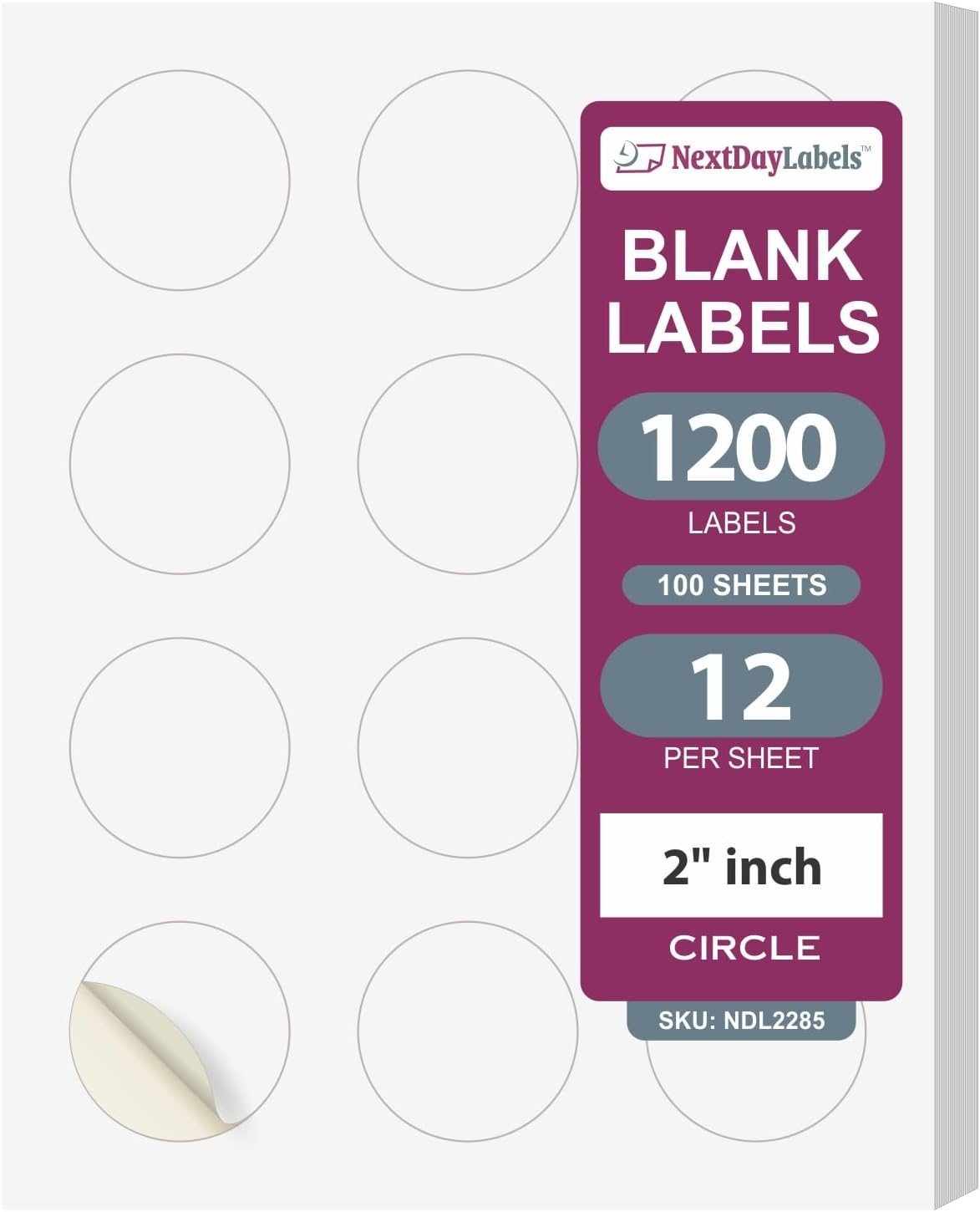 NextDayLabels - 2 Inch Round Labels for Bleeds - Sticker Labels for Printer - Matte White Blank Laser/Inkjet Printer Labels - Circle Stickers Printable Labels (100 Sheets, 12 Per Sheet, 1200 Labels)
