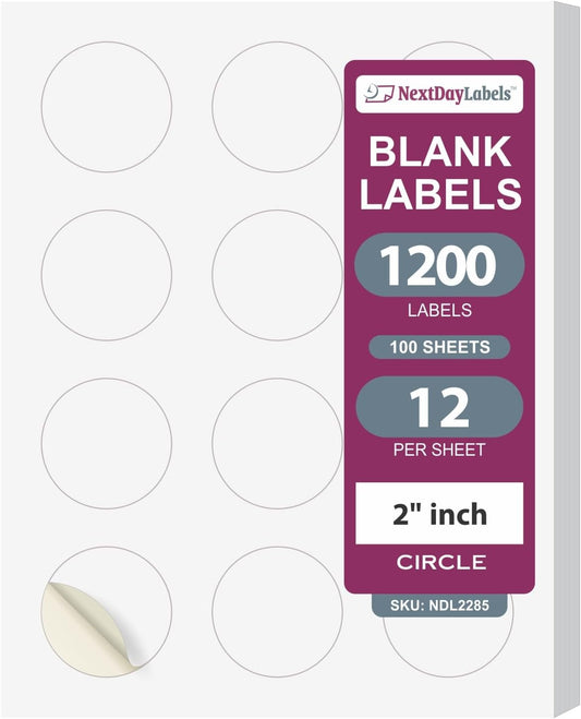 NextDayLabels - 2 Inch Round Labels for Bleeds - Sticker Labels for Printer - Matte White Blank Laser/Inkjet Printer Labels - Circle Stickers Printable Labels (100 Sheets, 12 Per Sheet, 1200 Labels)