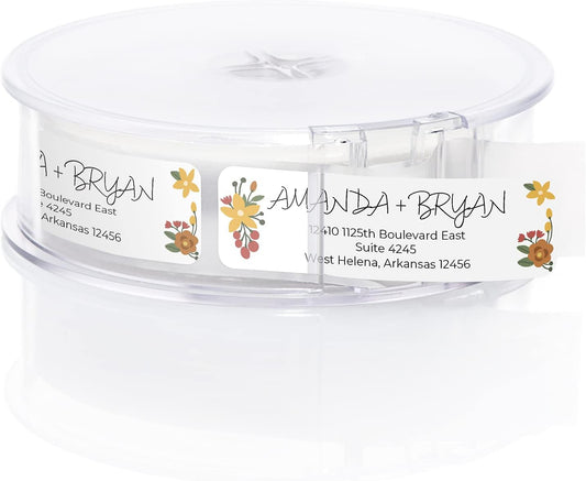 Retro Floral Rolled Address Labels/Roll of 250 Personalized Return Address Labels/Designer Return Address Stickers in Elegant Plastic Dispenser