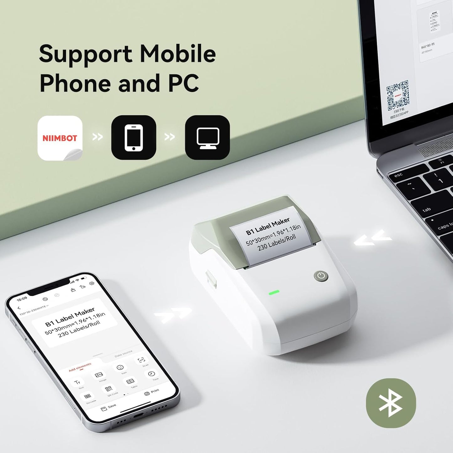 NIIMBOT B1 Label Maker Machine with Tape, 2 Inch Portable Sticker Printer for Home School & Small Business, Compatible with Phones & PC, Green White