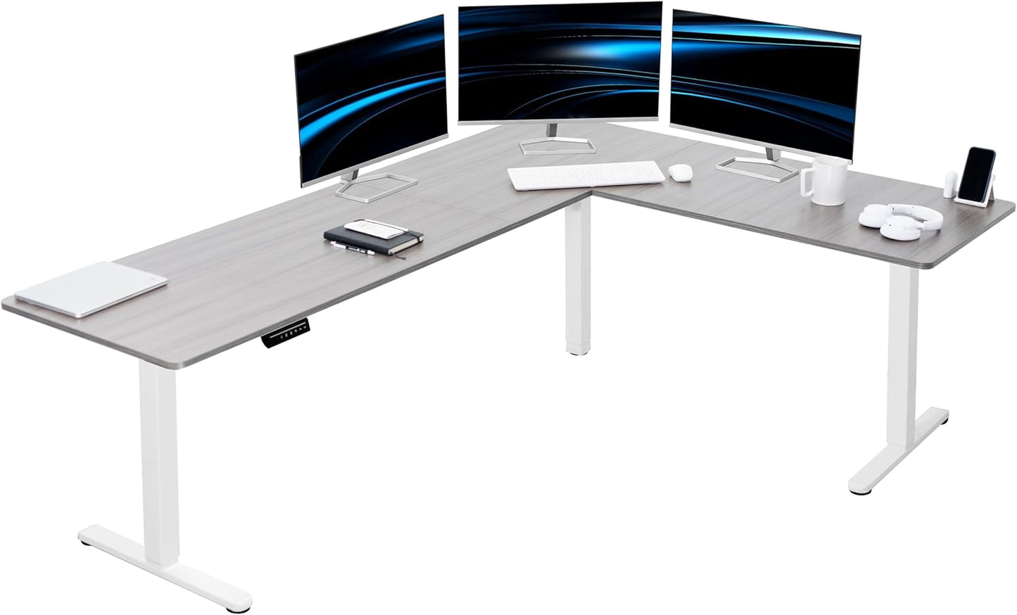 VIVO Electric Corner L-Shaped 84 x 63 in Standing Desk, Memory Height Adjustment, Dark Gray Top White Frame, DESK-E3CTWG-84