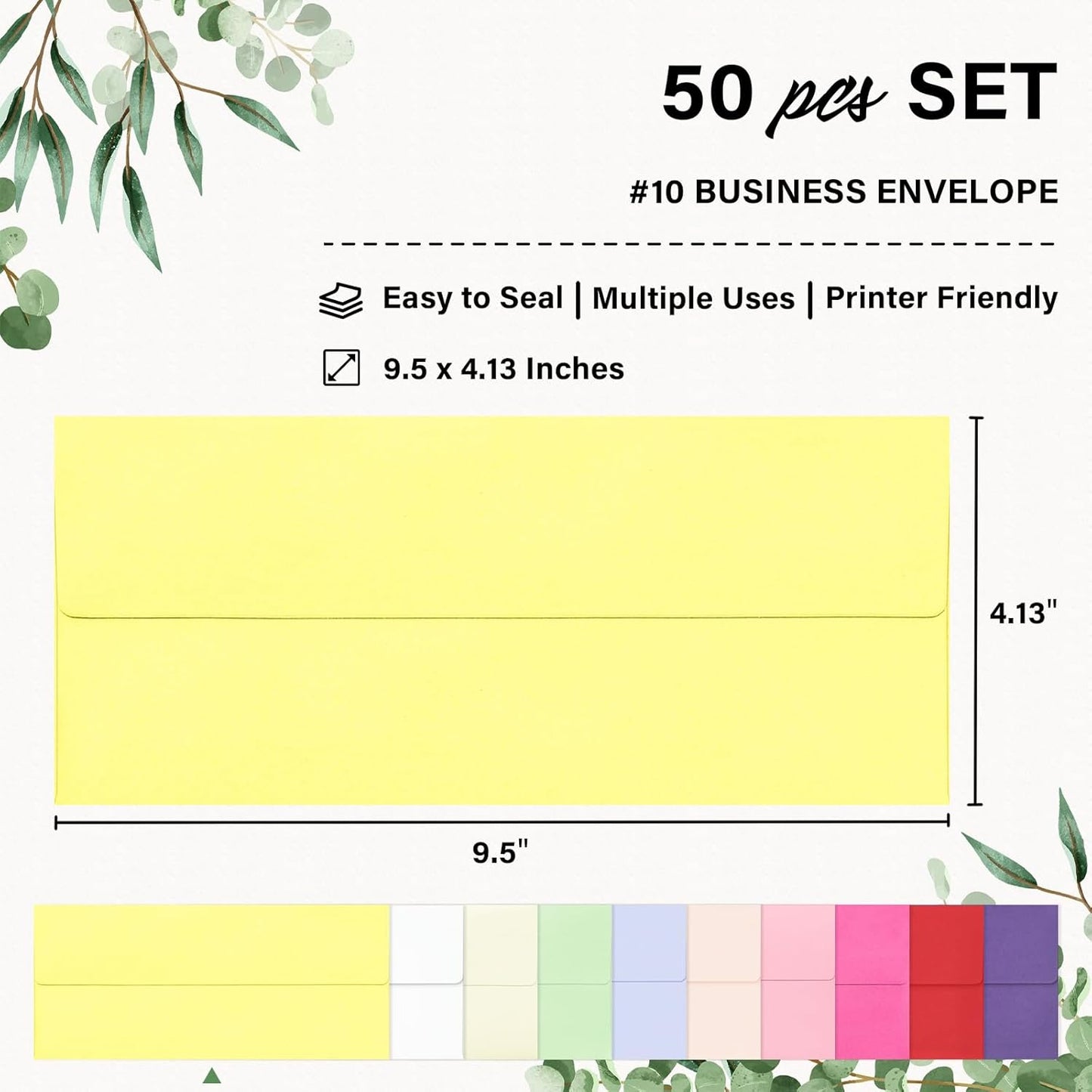 50 Pack #10 Colored Envelopes Letter Size, Colorful Business Envelopes Self Seal for Business, Invoices, Letter Mailing, Office Checks, 4 1/8 x 9 1/2 Inches