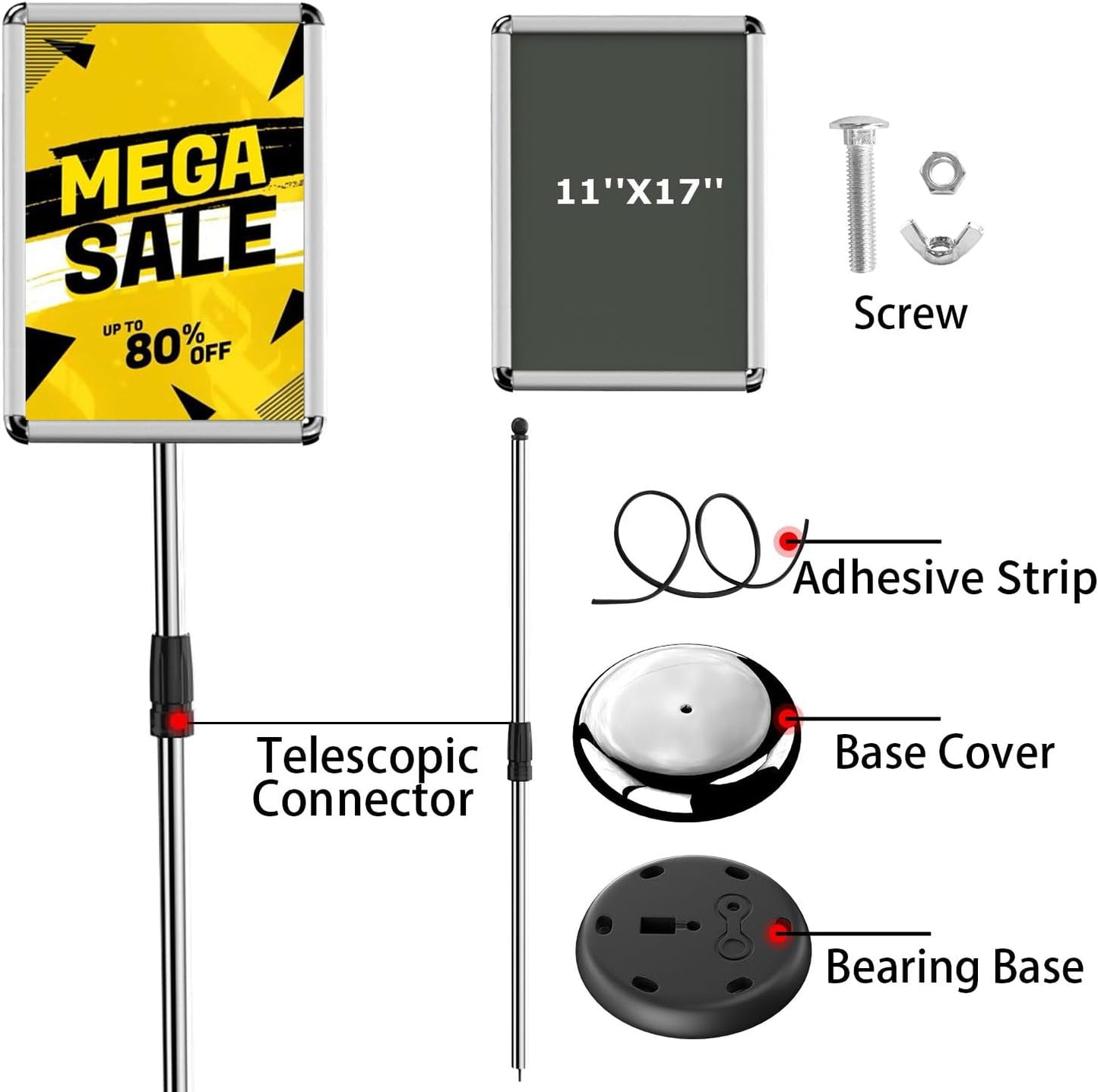 Adjustable Pedestal Poster Stand Holder - Standing Floor Sign Stand, 11x17 Inch Sign Stand Poster Frame Sign Holder for Vertical and Horizontal View, Outdoor Indoor Display, Silver (1 Pack)