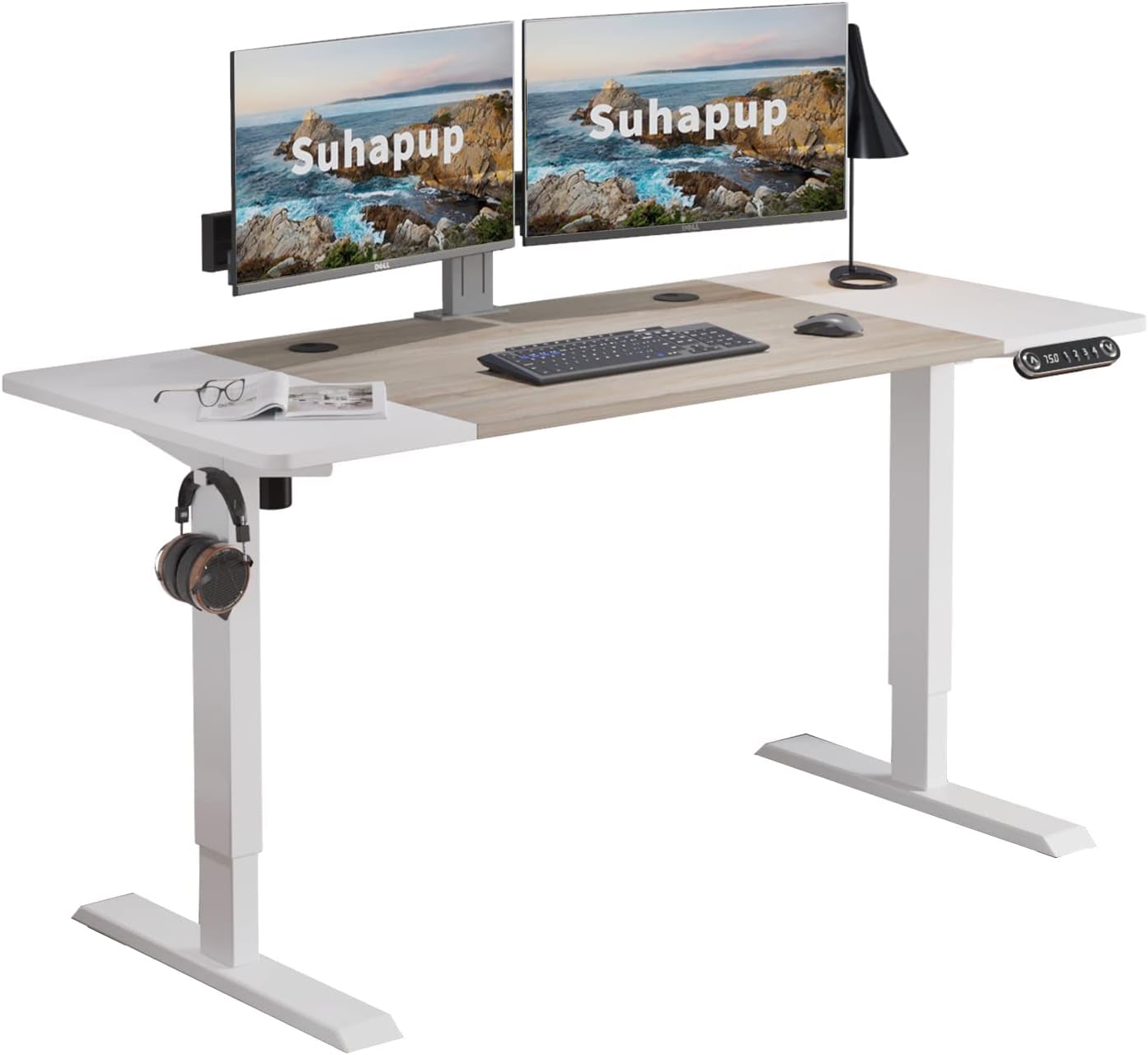 Electric Height Adjustable Standing Desk, 63 x 30inches Height Adjustable Computer Desk Sit Stand Desk Home Office Desks with Splice Board White Frame + White Top