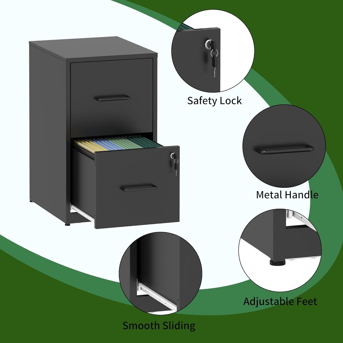 2 Drawer File Cabinet with Lock, Steel Vertical Filing Cabinets for Home Office, Small Metal Storage Cabinet for Hanging Letter Size Files Folders, Assembly Required(Black)