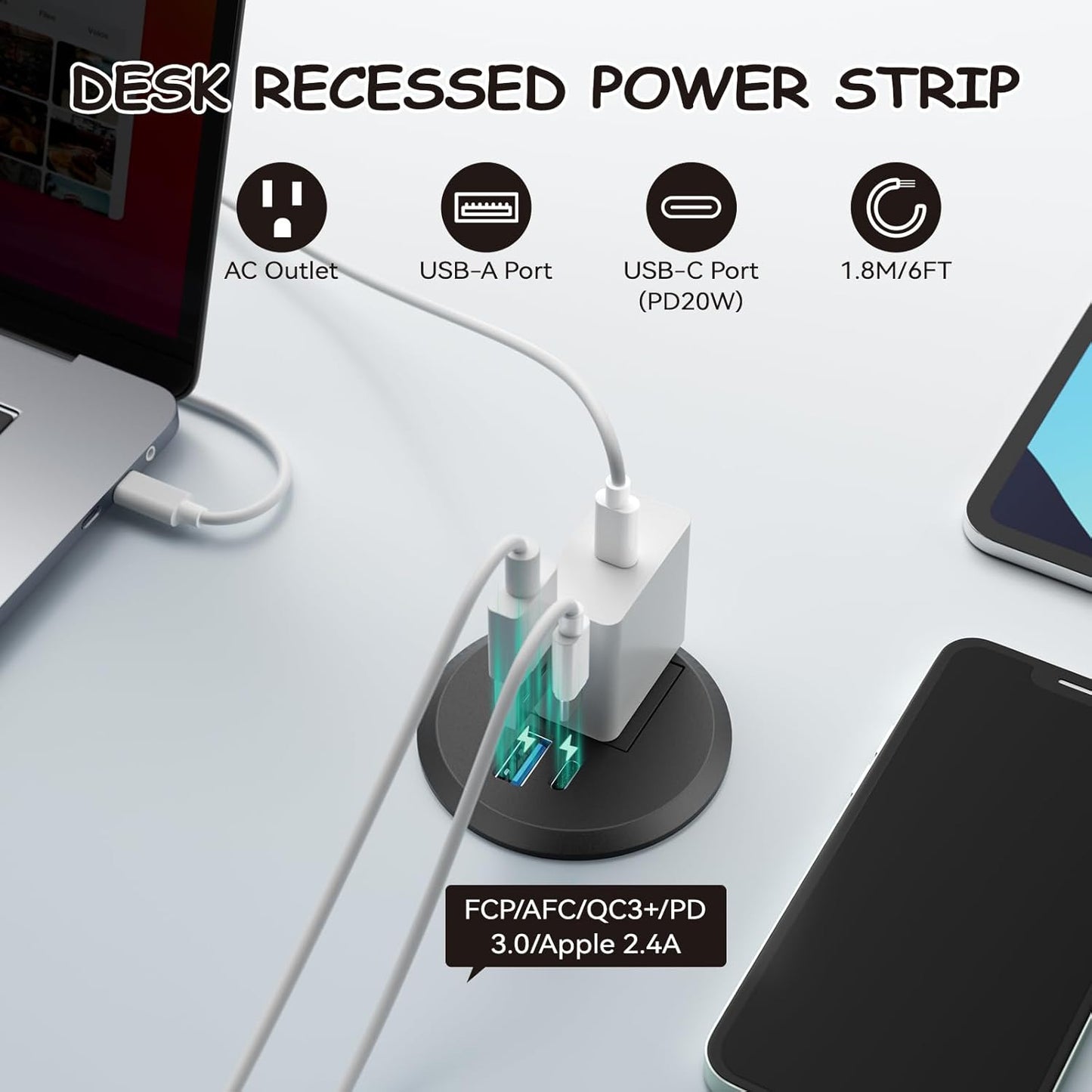 XBA 2inch Desktop Power Grommet Recessed Power Strip with PD 20W USB C,AC Outlet and 18W USB A Charging Port, Hidden Power Outlets with 6FT Extension Cords for Office, Home(Black)